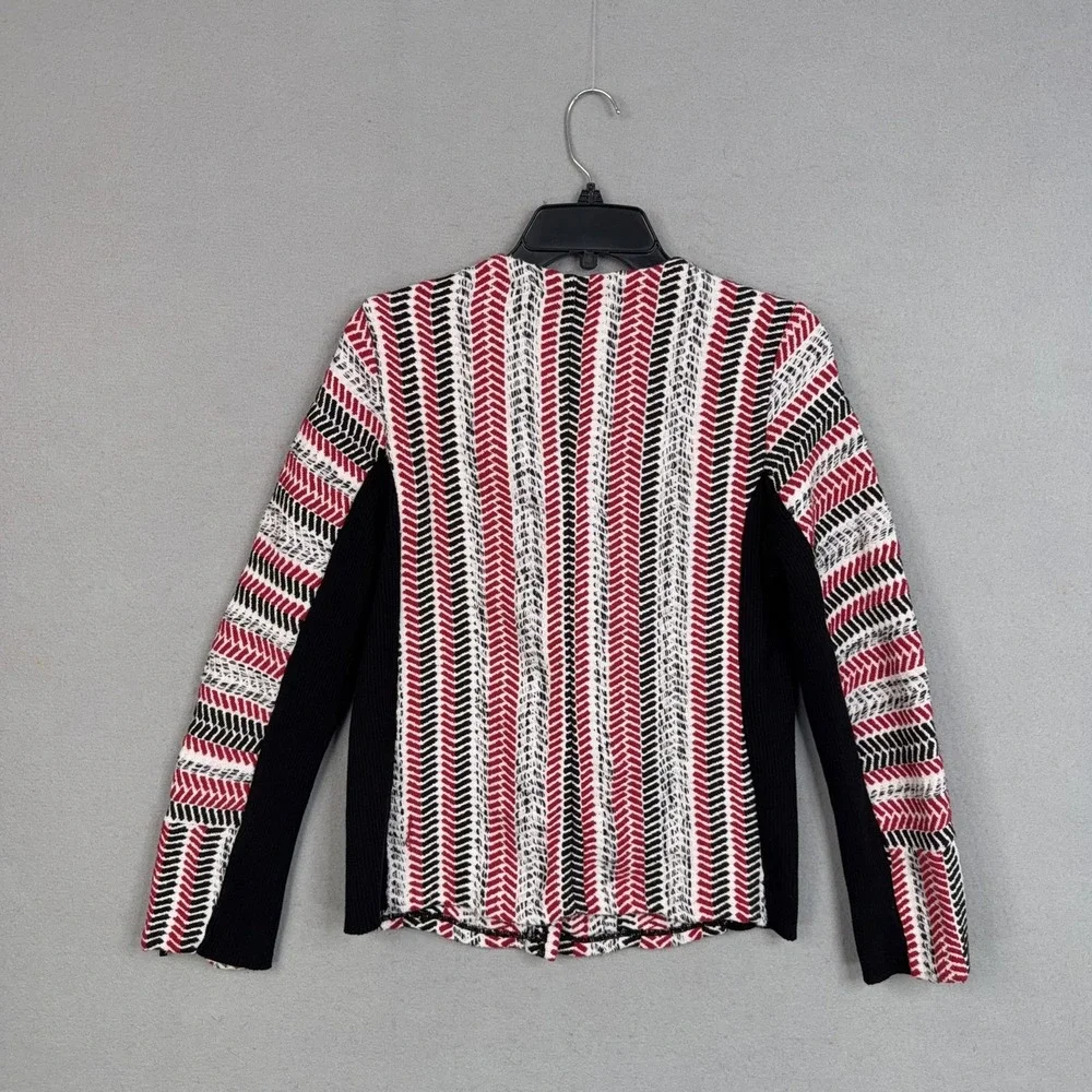 Chicos Cardigan Sweater Womens 0 Red Black White Full Zip Chevron Asymmetrical